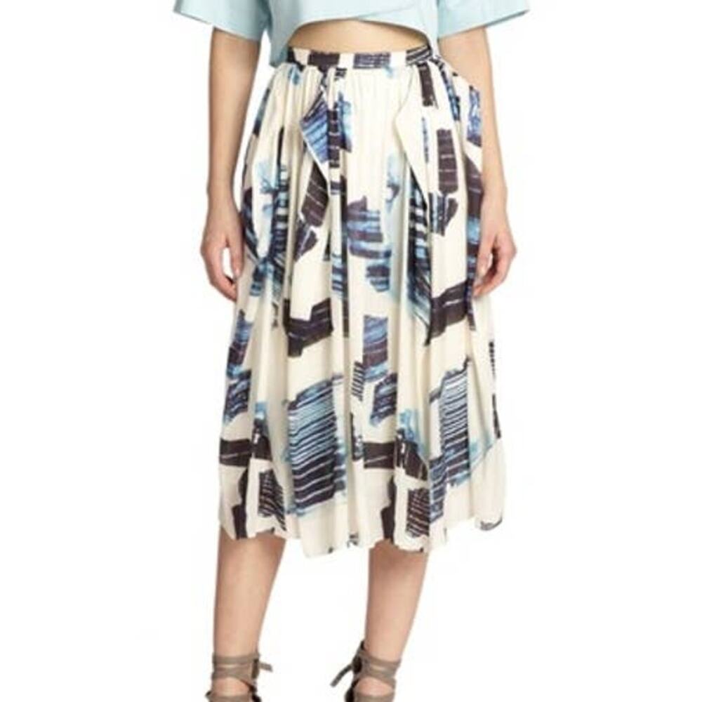 Tibi cream and blue Oki Origami midi skirt